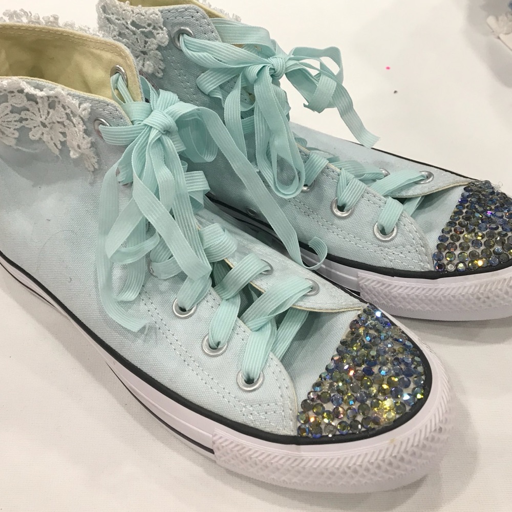 Women’s Mint Green Blinged High-Top Converse - New